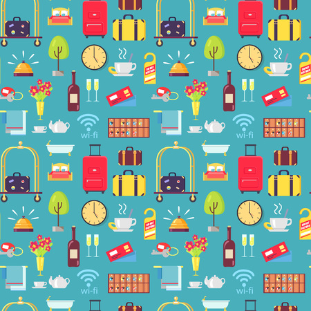 Hotel stuff seamless pattern with baggage, bellman cart, wine, do not disturb signs, flowers and bells. Vector illustration of motel stuff on blue backgroundのイラスト素材