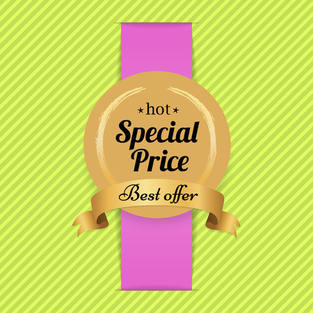 Special price best offer hot golden label with round seal made of gold and ribbon with text vector illustration isolated on yellow and pink backgroundのイラスト素材