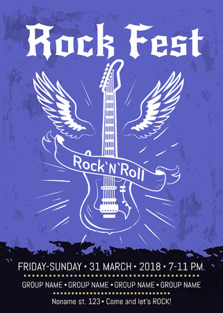 Rock n roll fest announcement with electrical guitar surrounded by two wings. Vector illustration of banner with room for information about festivalのイラスト素材