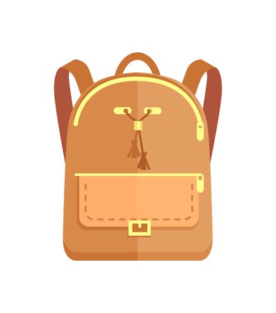 Rucksack fashionable model in beige color with big pocket and metal fastener vector illustration isolated on white. Backpack in back to school conceptの写真素材