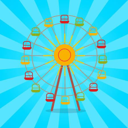 Colorful attraction, ferris wheel icon amusement carousel vector in concept of Oktoberfest or Octoberfest festival on background with raysのイラスト素材