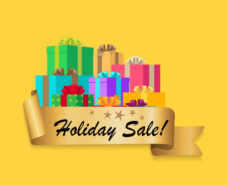 Five Star Holiday Sale Gold Ribbon Gift Boxesのイラスト素材