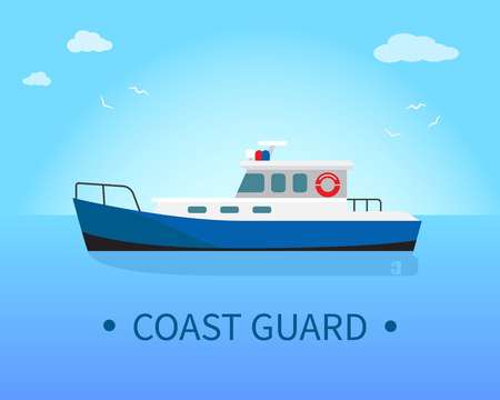 Coast Guard Ship in Blue Waters at Sunny Dayのイラスト素材