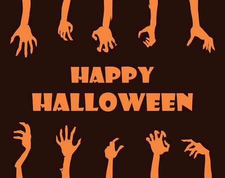 Happy Halloween banner, title sample and hands of zombies and undead people, icons on vector illustration isolated on black backgroundのイラスト素材