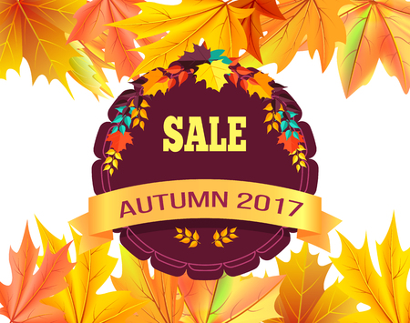 Sale autumn 2017 special offer promo poster on background of leaves frame, design in form of stamp with colorful foliage vector illustration bannerのイラスト素材