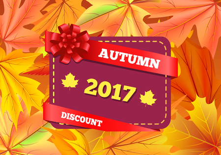 Autumn discount 2017 gift card design with maple leaves isolated on background of fall golden foliage vector illustration promo posterのイラスト素材
