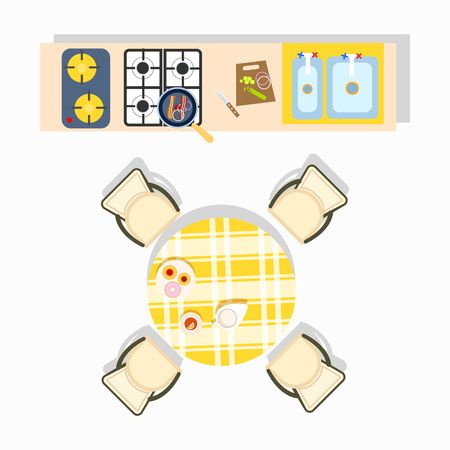 Home kitchen interior design with stoves, served with food dining table and double sink. Vector illustration of cooking room isolated on white backgroundのイラスト素材