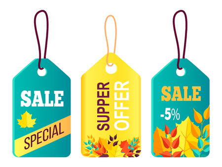 Hanging tags with fall backgrounds and sale conceptのイラスト素材