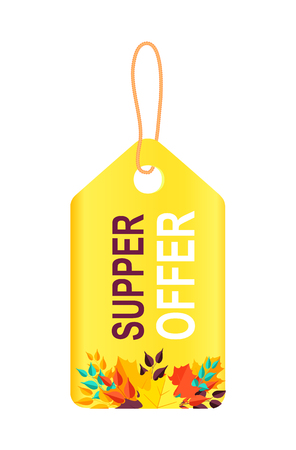 Super offer, sticker with text sample in different colors and leaves as decoration on bottom of it, icon on vector illustration isolated on whiteのイラスト素材