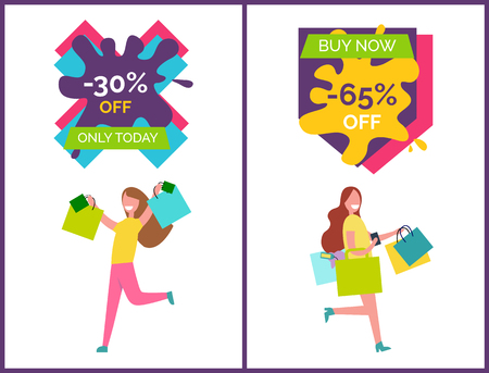 -30 off only today and buy now -65 placards that represent woman with raised hands and bags and other lady happy customer vector illustrationのイラスト素材