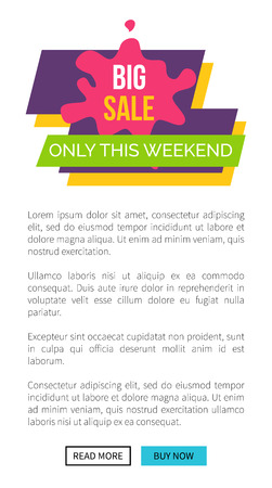 Big sale only this weekend, sticker of purple and pink colors with headline and additional phrase on ribbon vector illustration web poster with buttonsのイラスト素材