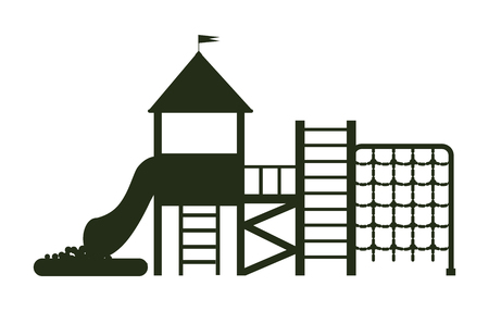 Big playground for kids with different ladders, kind of balcony with crown, tube and inflatable pool with little balls black silhouette vector illustrationのイラスト素材