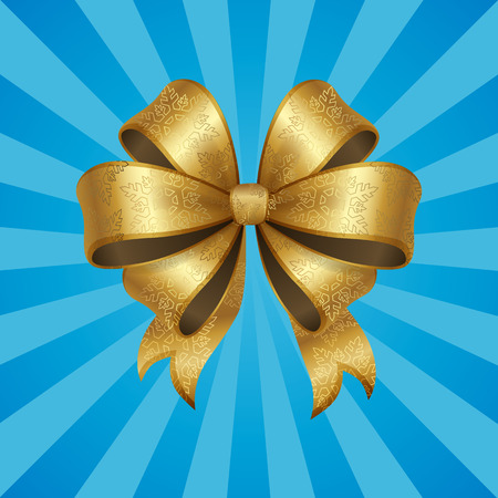 Gold decorative bow vector illustration isolated on background with blue rays. Present or gift elegant tied satin ribbon of gold in realistic designのイラスト素材