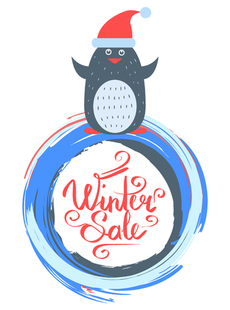 Winter Sale Poster with Penguin Wearing Santa Hatのイラスト素材