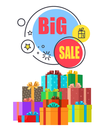 Big Sale Promo Poster with Gift Boxes in Wrappingsのイラスト素材
