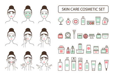 Skin Care Cosmetic Set on Promo Poster with Womanのイラスト素材