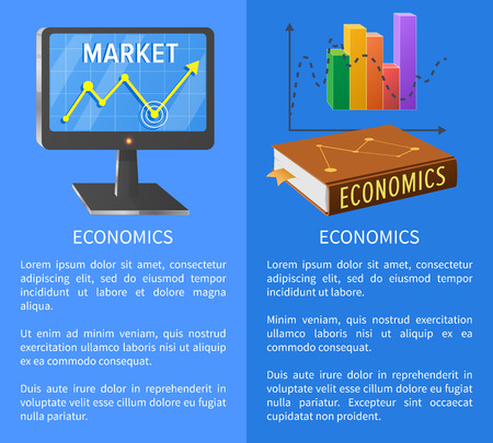 Economics market poster with screen showing rising arrow, book on marketing and chart graphics vector illustrations with textのイラスト素材
