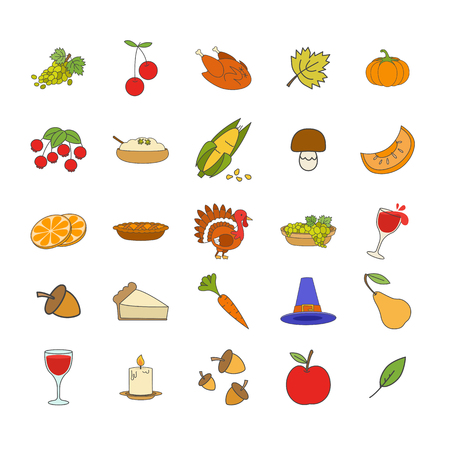 Ripe fruits, vegetables and berries, forest mushroom and acorns, alive and roast turkey, pumpkin porridge, apple pie, cone hat, glass of wine, burning candle and tree leaves vector illustrations.のイラスト素材