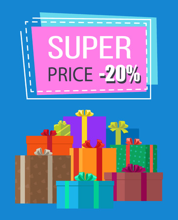 Super price sale clearance on poster with sign on blue background. Vector illustration with special offer and gifts in colorful boxes, poster with labelのイラスト素材