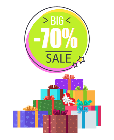 Big sale -70 off promotion on white background. Vector illustration with discount clearance and gift boxes in festive wrapping paperのイラスト素材