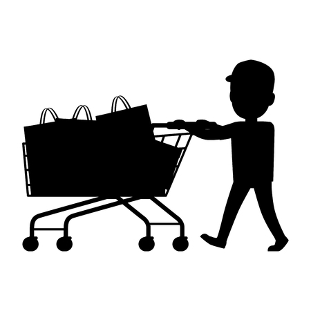 Boy push cart full of purchases on white background. Black and white silhouette of boy and cart isolated vector illustration. Cartoon boy has fun during shopping. Collection of family members.のイラスト素材