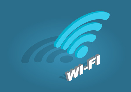 Wi-Fi network icon flat design cartoon style. Blue sign with white uppercase letters and shadow depicted on blue background. Vector illustration of wireless network symbol hotspot blue logo.のイラスト素材