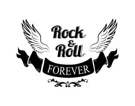 Rock n roll forever, title written in black ribbon placed beneath icon of wings represented on vector illustration isolated on white