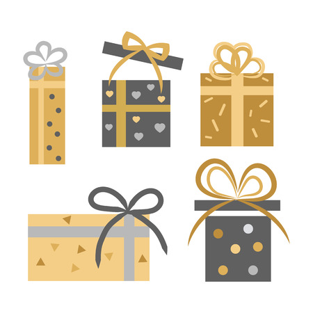 Vintage collection of five decorated closed and opened gift boxes on white. Vector banner of dark grey and golden present boxes with ribbons and bows. Wrapping paper with hearts and balls on boxesのイラスト素材