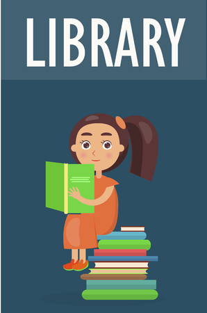 Cute Girl Sits on Pile of Literature in Library.のイラスト素材