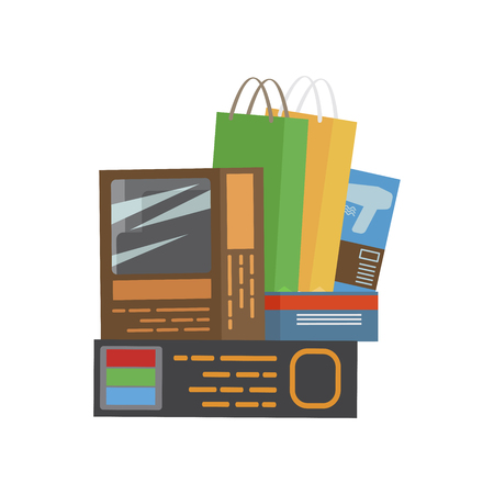 Bunch of purchases consists of bags and boxes on white illustration.のイラスト素材