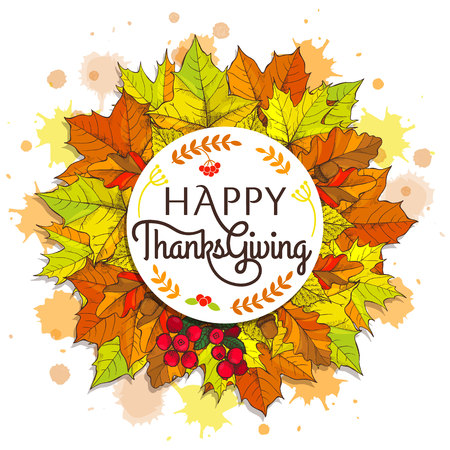 Happy Thanksgiving promo placard with leaves of yellow, orange and green colors that make wreath, icon of branches of berries vector illustrationのイラスト素材