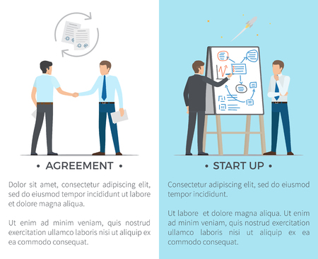 Agreement and startup set of posters with text. Vector illustration of businessmen shaking hands and male dressed in grey suit presenting new projecのイラスト素材