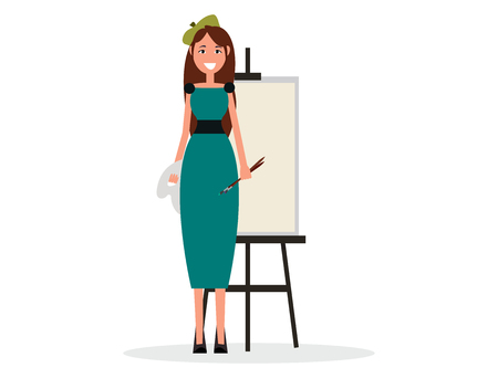 Lady painter with brush and easel icon.のイラスト素材