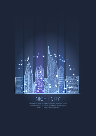 Night city lights of buildings and skyscrapers. Vector illustration of town drown in light blue colors isolated, splashing glittering elementsのイラスト素材