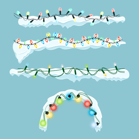 Colorful garlands on snow, set of icons depicting main decorative element of winter event which is christmas vector illustration isolated on whiteのイラスト素材