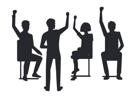 Business training and meeting at conference representing leader asking employees questions, and raised hands of workers black silhouettes on vectorのイラスト素材