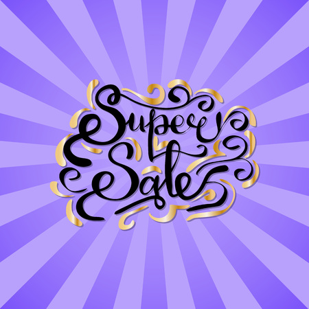 Super sale inscription with golden curved elements vector illustration on purple background with rays. Calligraphic text with information about discountsのイラスト素材