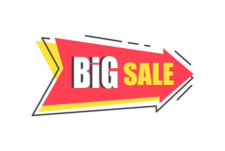 Big sale arrow shape sticker, discounts pointer in red colors vector illustration label isolated on white background, promotional advert badgeのイラスト素材