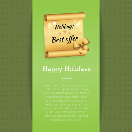 Happy holidays best offer inscription on golden paper scroll parchment manuscript scrolled document vector illustration isolated banner with textのイラスト素材