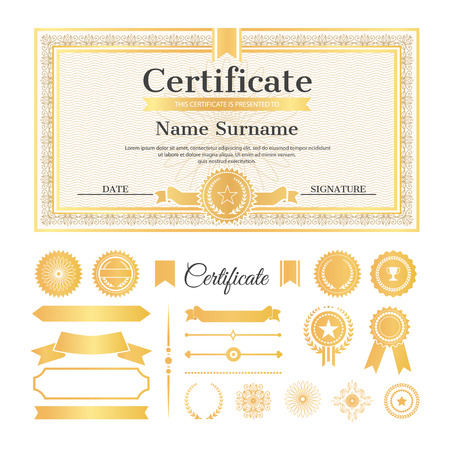 Certificate sample with stamps and signatures, text and name with surname above it, collection of ribbons on vector illustration isolated on whiteのイラスト素材