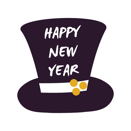 Happy New Year cylinder hat icon isolated on white background. Vector illustration with black high hat with congratulation decorated with white ribbonのイラスト素材