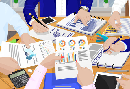 Business people and papers with diagrams and important information, workers trying to find solution to existing problem, vector illustrationのイラスト素材