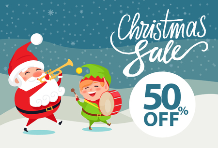 Christmas sale 50 off promo poster Santa and Elf.のイラスト素材