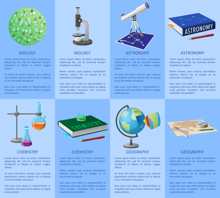 School subjects poster with molecule model, modern optical devices, thick textbooks, glass flasks, globe model and world map vector illustrations.のイラスト素材