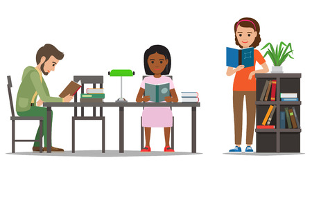 People reading textbooks in library. Man and woman seating at the table and standing with open book in hand isolated flat vector. Enthusiastic readers illustration for educational and hobby conceptのイラスト素材