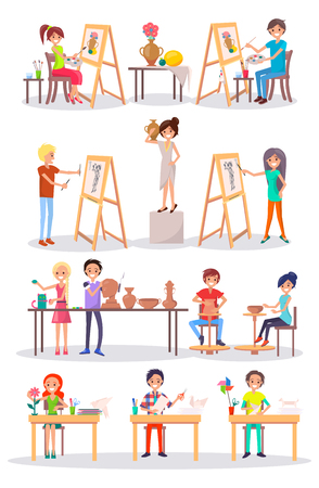 Joyful Young Artists Isolated Cartoon Illustrationのイラスト素材