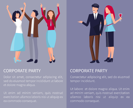 Corporate party poster with colleagues dancing, having fun and having drinks on party. Vector illustration with coworkers on violet backgroundのイラスト素材