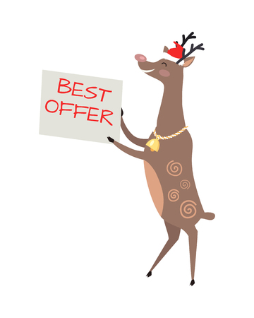Poster best offer is held by big reindeer with golden bell and red hat on white background. Santa s helper as element of decor for encouragement customers in big supermarkets. Vector illustrationのイラスト素材