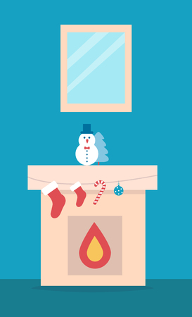 Fireplace with snowman toy and Christmas tree and socks for present from Santa. Vector illustration with festive decorations on blue backgroundのイラスト素材
