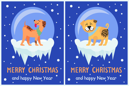 Merry Christmas and happy New Year dog symbol in snowy bubble on dark background. Vector illustration with friendly rottweiler and playing akita on iceのイラスト素材
